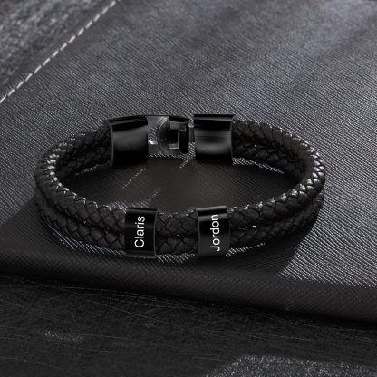 Personalised Braided Leather Bracelet Engraved 2 Names Men's Bracelet for Him
