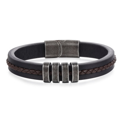 4 Names - Personalised Men's Leather Bracelet Custom Text Beaded Bracelets Vintage Gift for Him