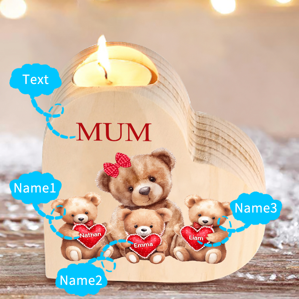 Personalised 3 Names & 1 Text Candle Holder Teddy Bear Wooden Candlestick Gifts for Grandma/Mother-Jessemade AU