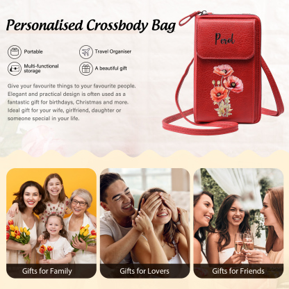 Personalised Women's Leather Wallet Custom Birthday Flower & Name Mobile Phone Wallet Zipper Crossbody Bag