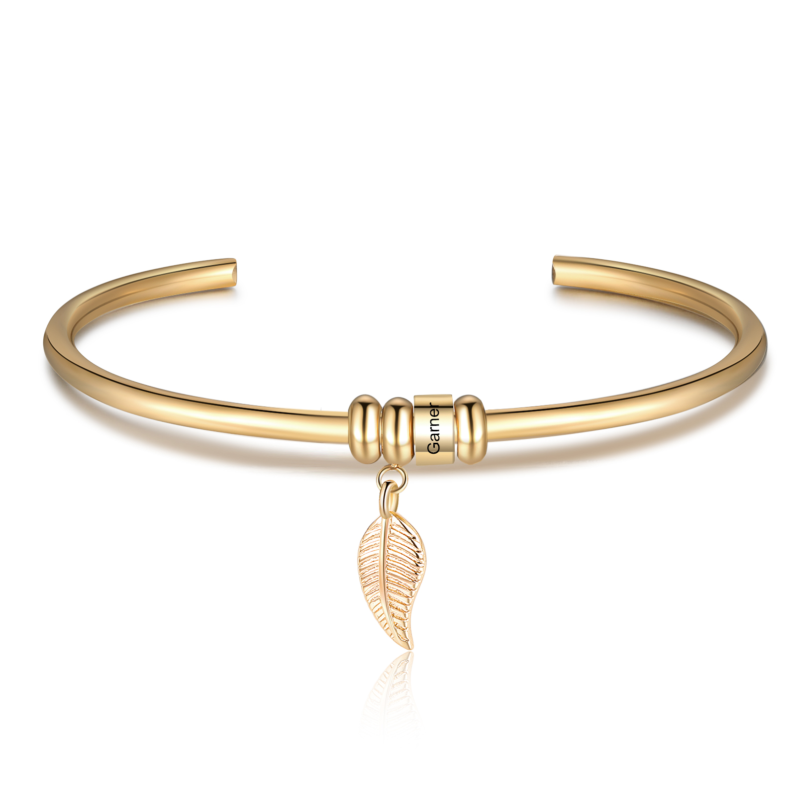 Women Bangle Bracelet with Leaf and Beads Engraved 1 Name Rose Gifts for Mother
