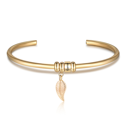 Women Bangle Bracelet with Leaf and Beads Engraved 1 Name Rose Gifts for Mother