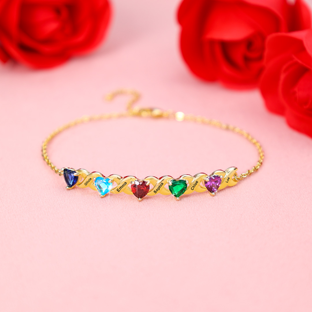 Family Custom Bracelet Heart Personalised with 5 Birthstones Gift Box Set-Jessemade AU