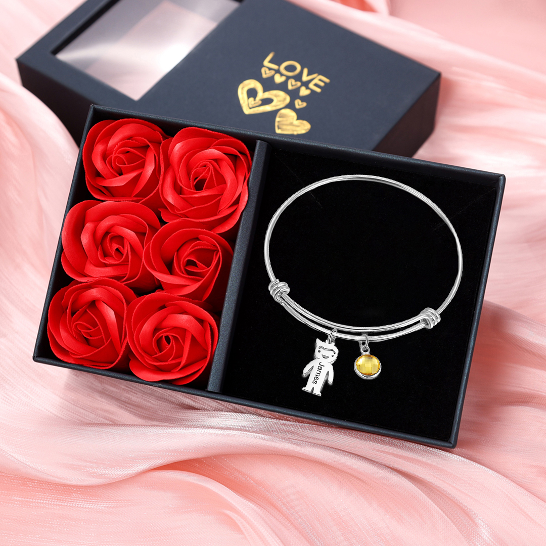 Bangle Bracelet with Kids Charms 1 Birthstone Rose Box Set