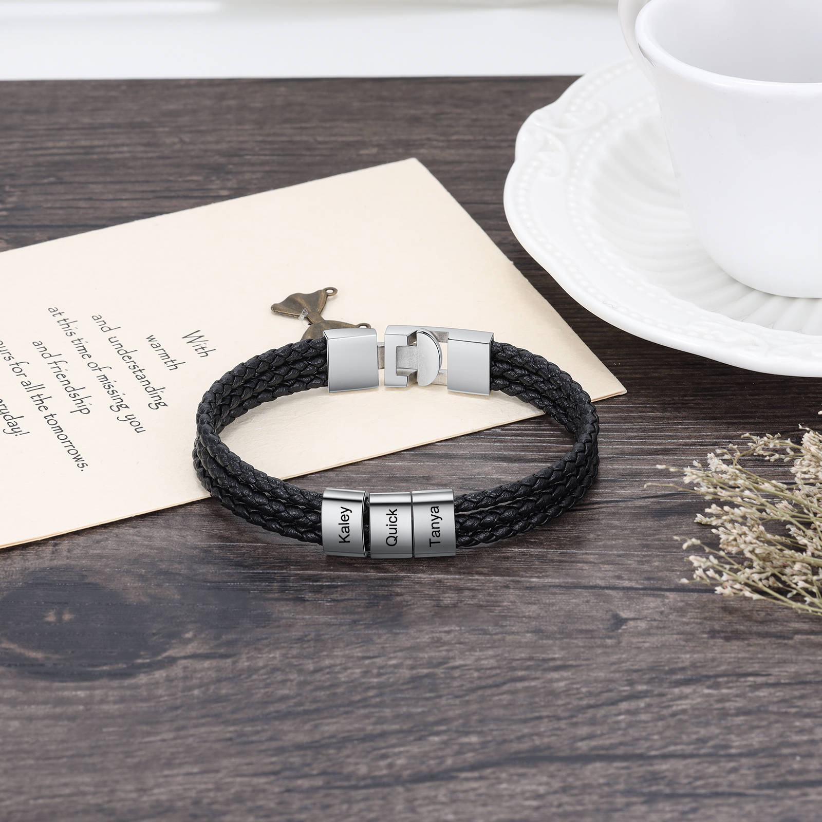 Personalised Braided Leather Bracelet Engraved 3 Names Men's Bracelet Gifts For Him-Jessemade AU