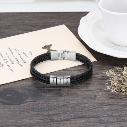 Personalised Braided Leather Bracelet Engraved 3 Names Men's Bracelet Gifts For Him-Jessemade AU