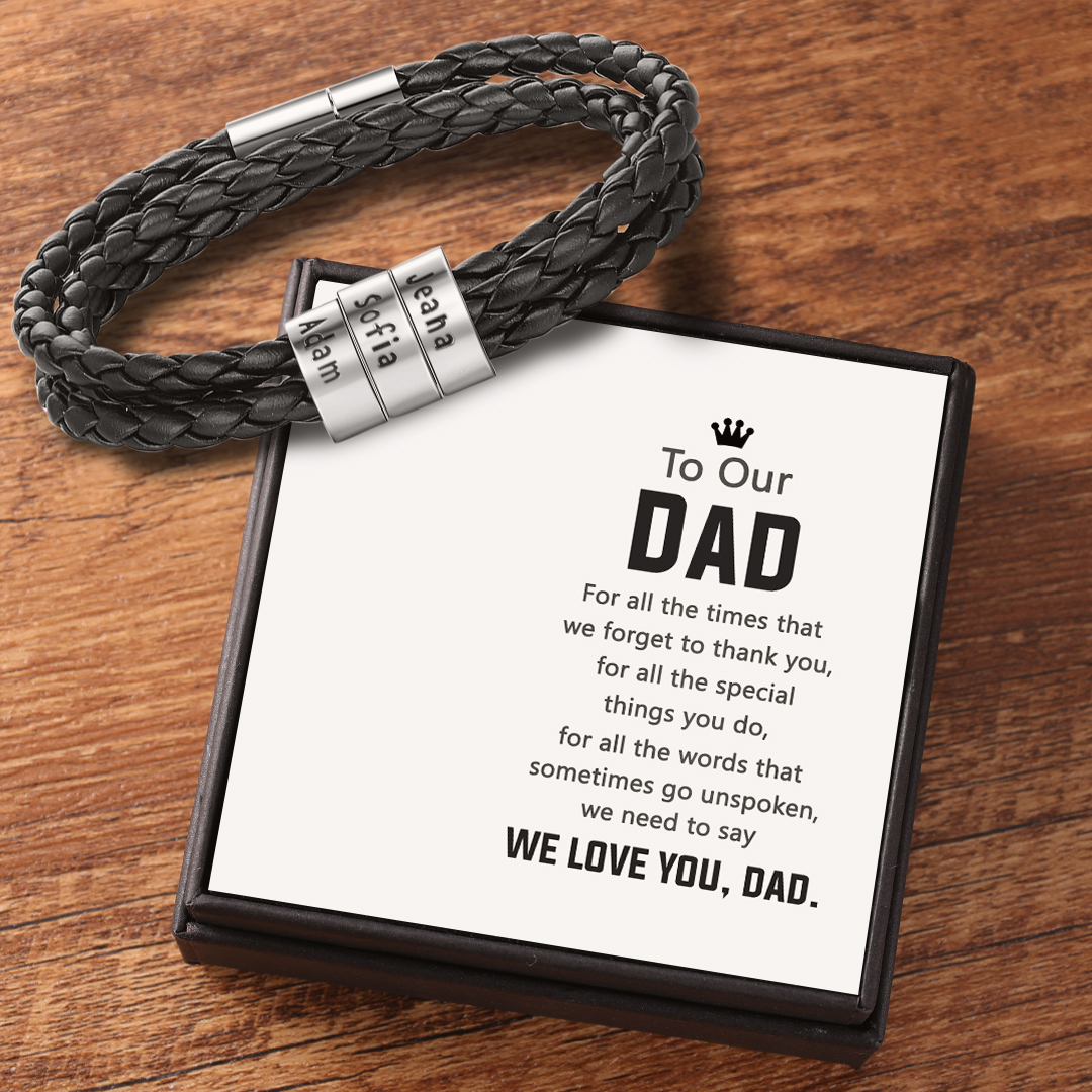 Leather Braided Bracelet Men Bracelets Personalised 3 Names 3 Beads Gift For Dad-Jessemade AU