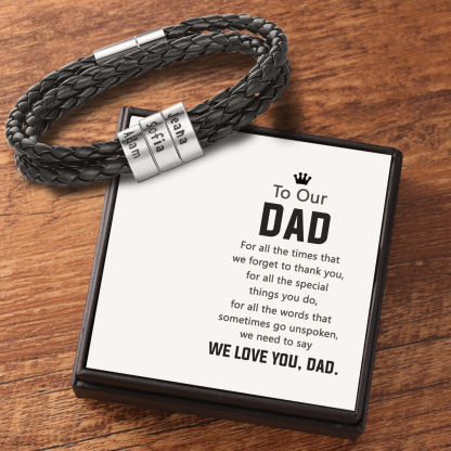 Leather Braided Bracelet Men Bracelets Personalised 3 Names 3 Beads Gift For Dad-Jessemade AU