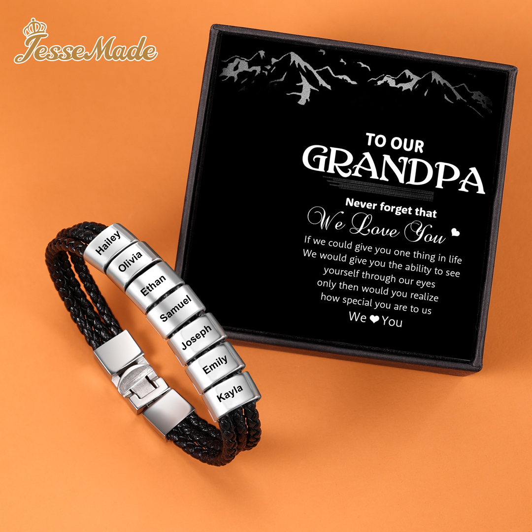 Personalised Braided Leather Bracelet Engraved 7 Names Men's Bracelet Gifts For Him-Jessemade AU