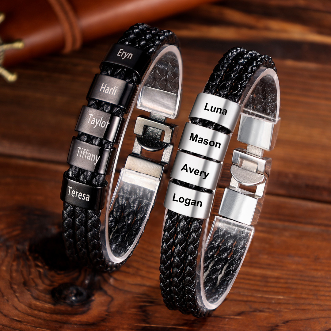 Personalised Braided Leather Bracelet Engraved 5 Names Men's Bracelet Gifts For Him-Jessemade AU