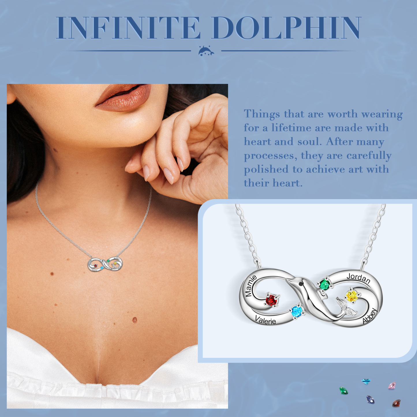 Personalised Infinite Dolphin Necklace With 4 Birthstones Custom Names Best Gift For Her-Jessemade AU