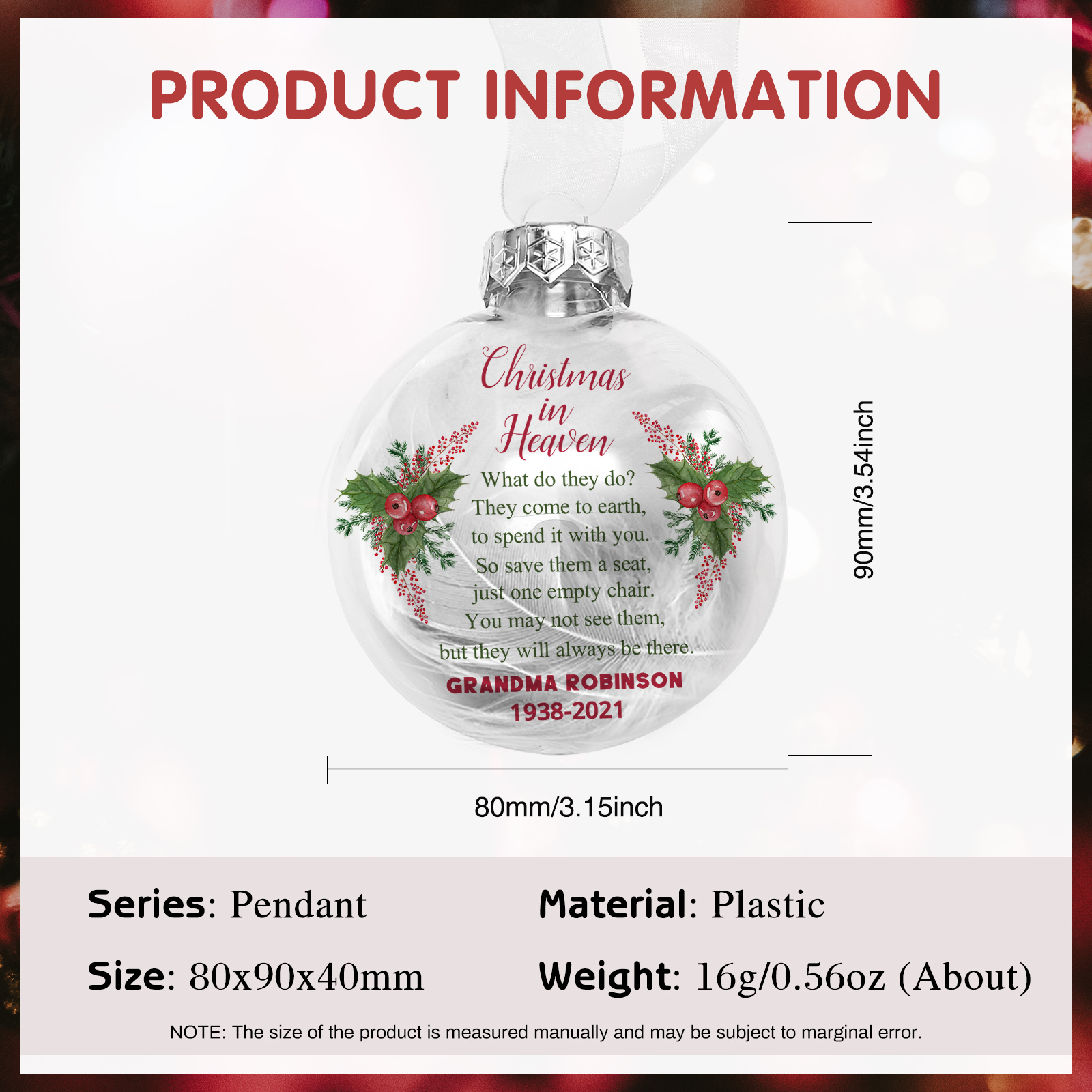 Memorial Ball Feather Ornaments Custom Text Christmas Hanging Ornament Commemorate Deceased Loved Ones - Christmas In Heaven-Jessemade AU