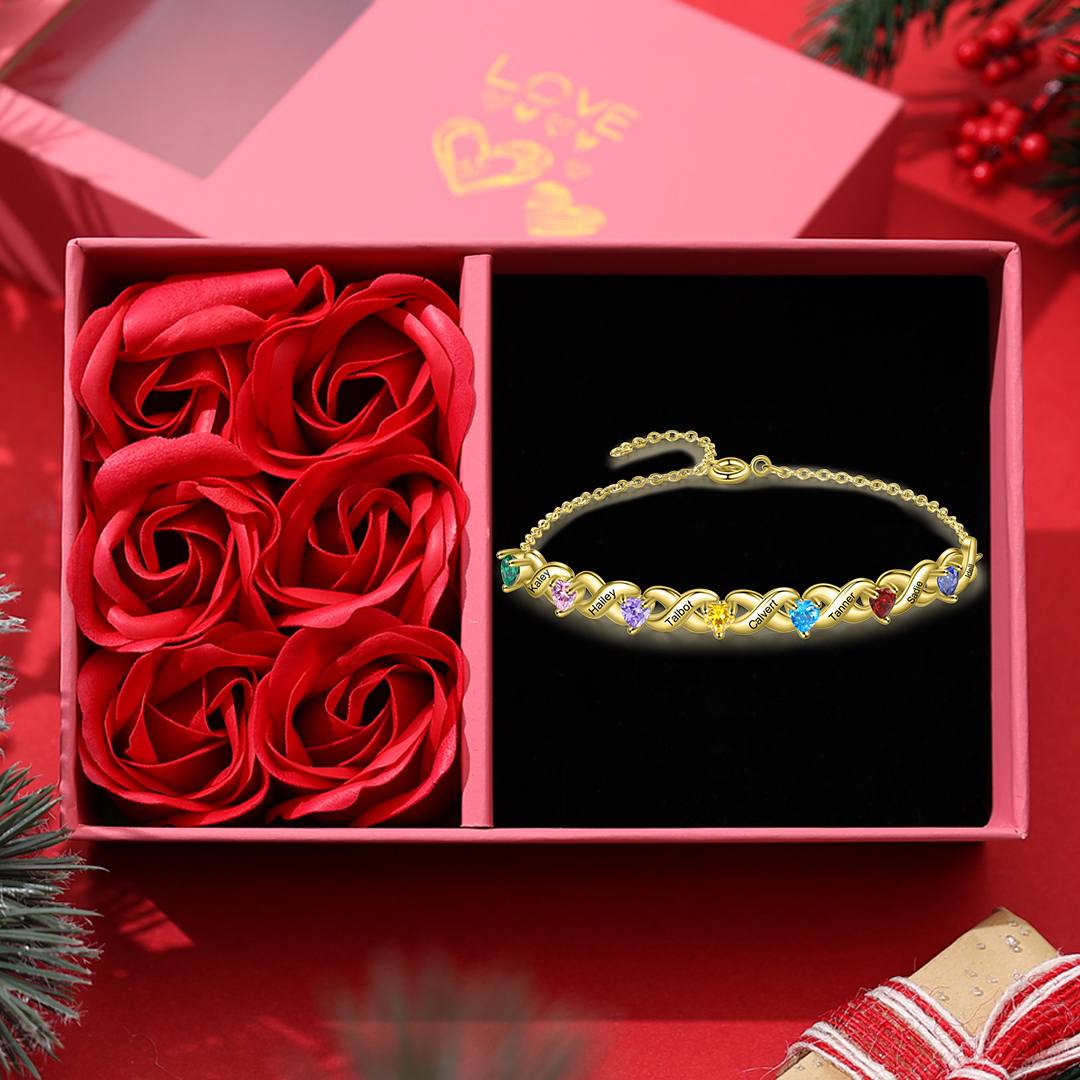 Family Custom Bracelet Heart Personalised with 7 Birthstones Gift Box Set-Jessemade AU