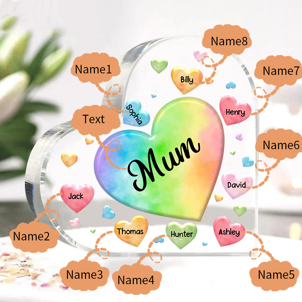 8 Names - Personalised Acrylic Heart Keepsake Custom Text Colourful Hearts Ornament Gift for Mother/Grandma-Jessemade AU