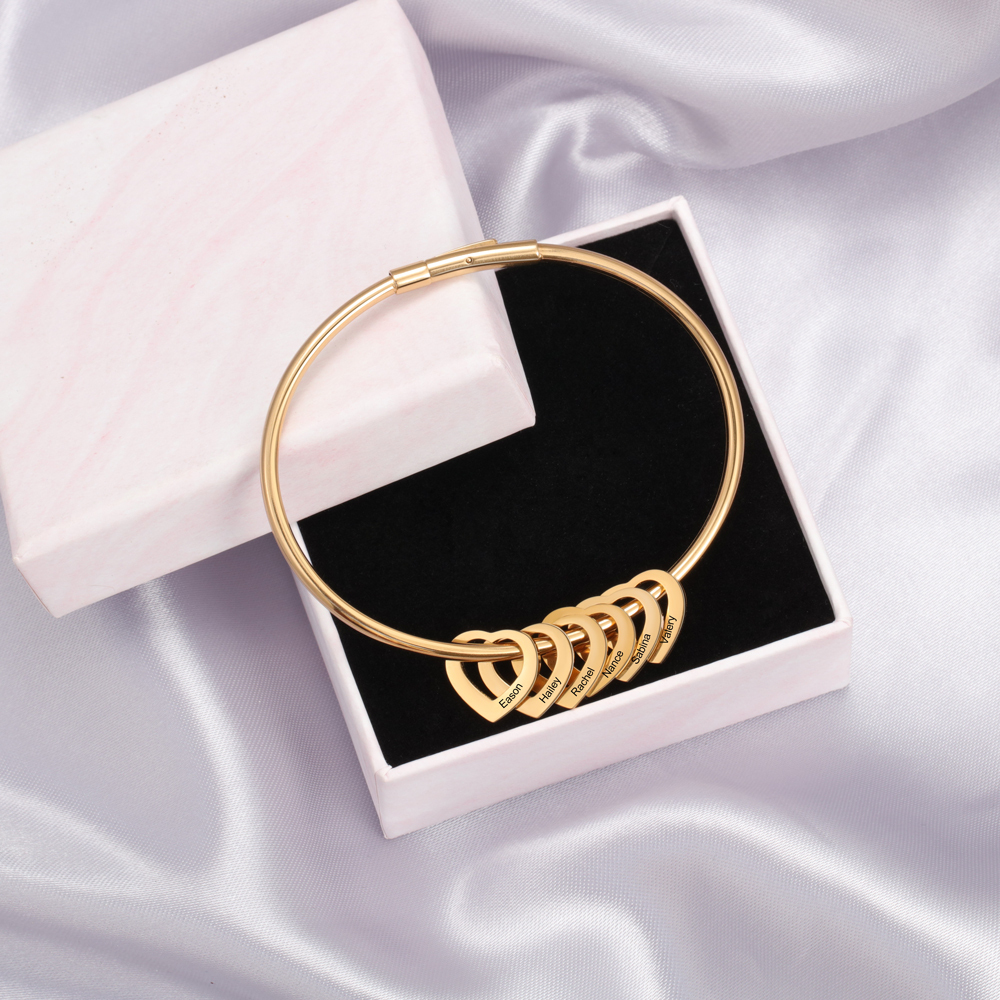 Personalised Love Bracelet with 5 Heart Charms Engraved 5 Names Bangle Bracelet Gift for Her-Jessemade AU