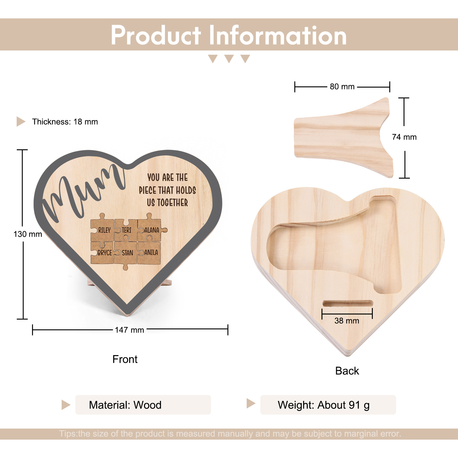 To Mum Personalised Wooden Puzzle Heart Keepsake Desktop Ornament Custom 6 Names Mothers Gifts-Jessemade AU