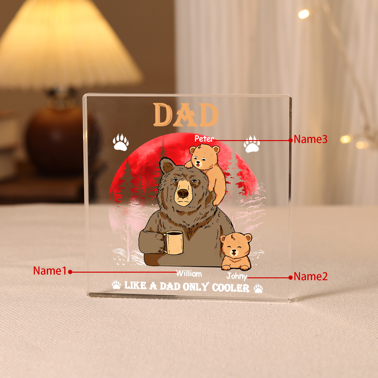 Personalised 3 Names Acrylic Square Keepsake Bear Family Rectangle Plaque Father's Day Gifts - Like A Dad Only Cooler-Jessemade AU