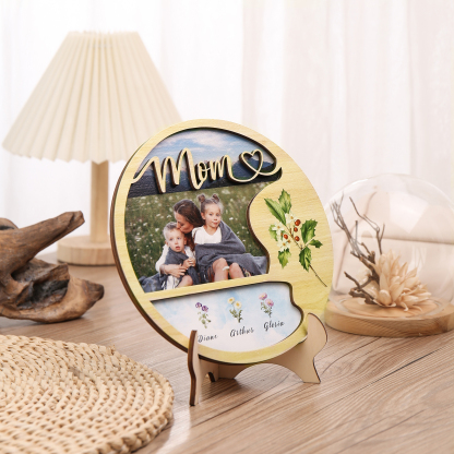 Personalised Photo & Text Wooden Plaque Custom 4 Birth Flowers & 3 Names Wooden Sign With Stand Gifts for Mum/Nana-Jessemade AU