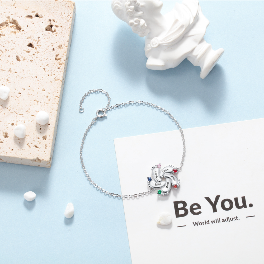 Personalised Baby Foot Necklace With 5 Birthstones Engraved Names Gift For Mother-Jessemade AU