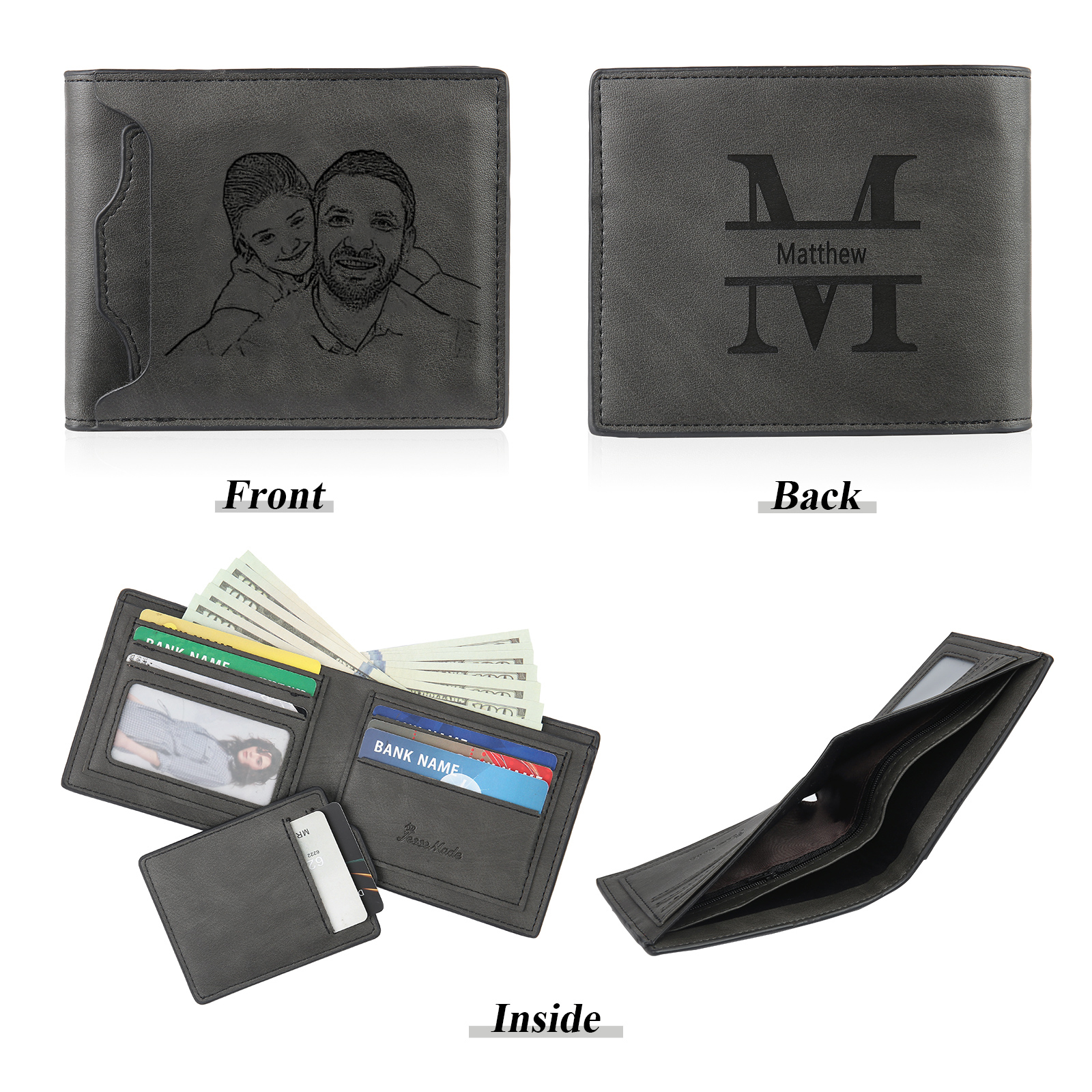 Personalised 2 Texts & 2 Photos & 1 Name & 1 Letter Gift Set Custom Wallet & Keychain & Pen Gift Box Set Father’s Day Gift-Jessemade AU