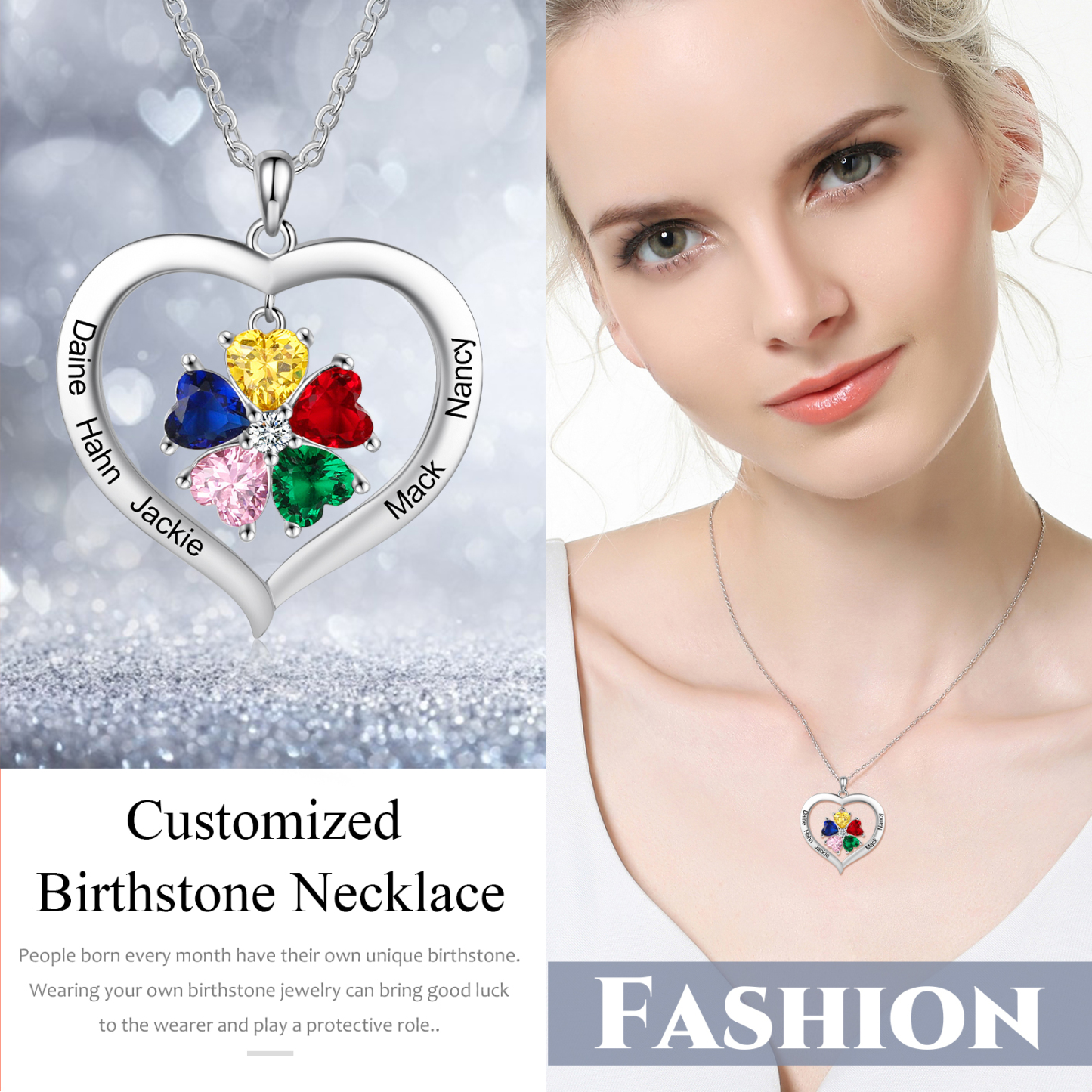 Personalised Necklace With 5 Heart Birthstone Engraved Names Heart Necklace Gift For Women-Jessemade AU