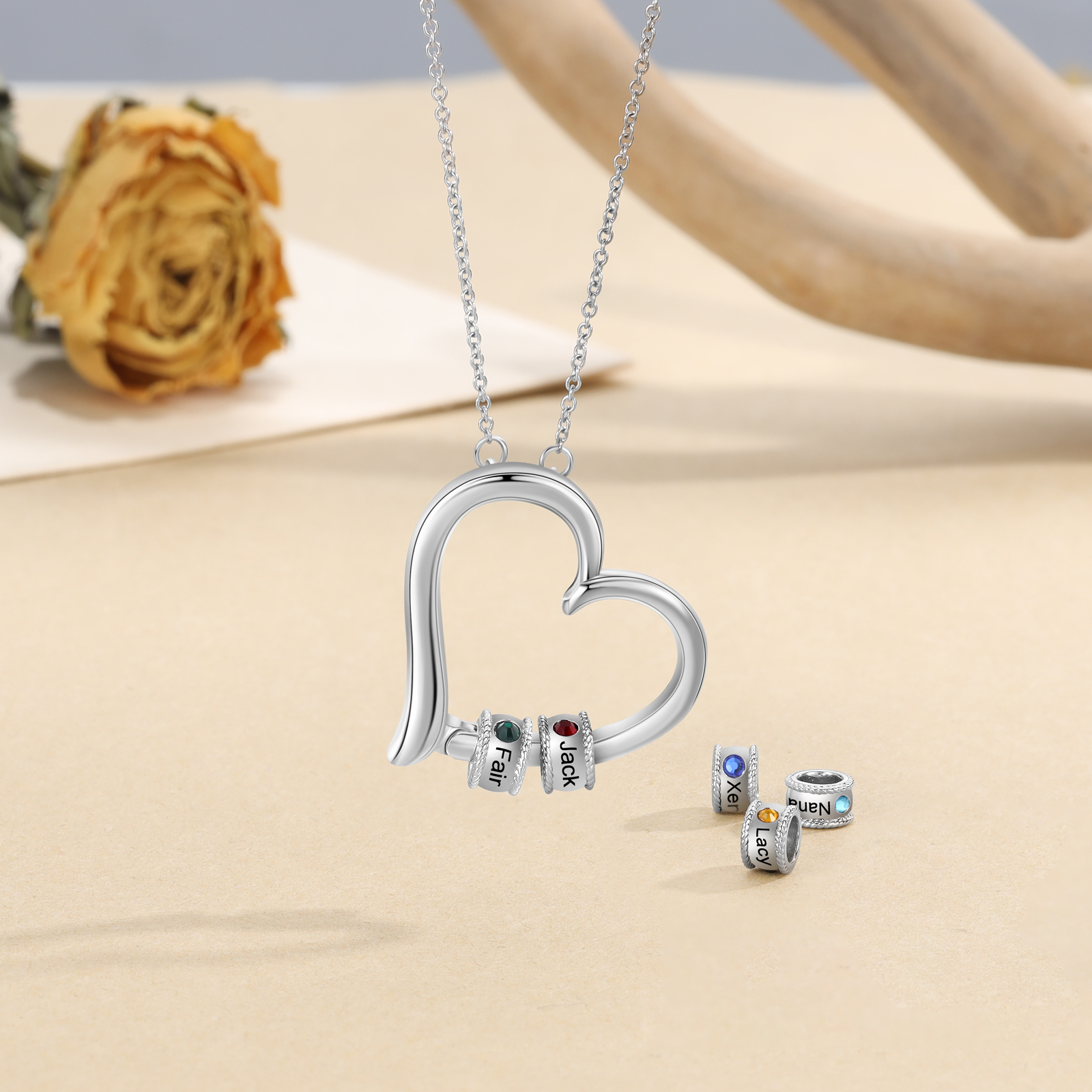 Customised Heart Necklace With 2 Birthstones Engraved Family Names Necklace Gift for Her-Jessemade AU