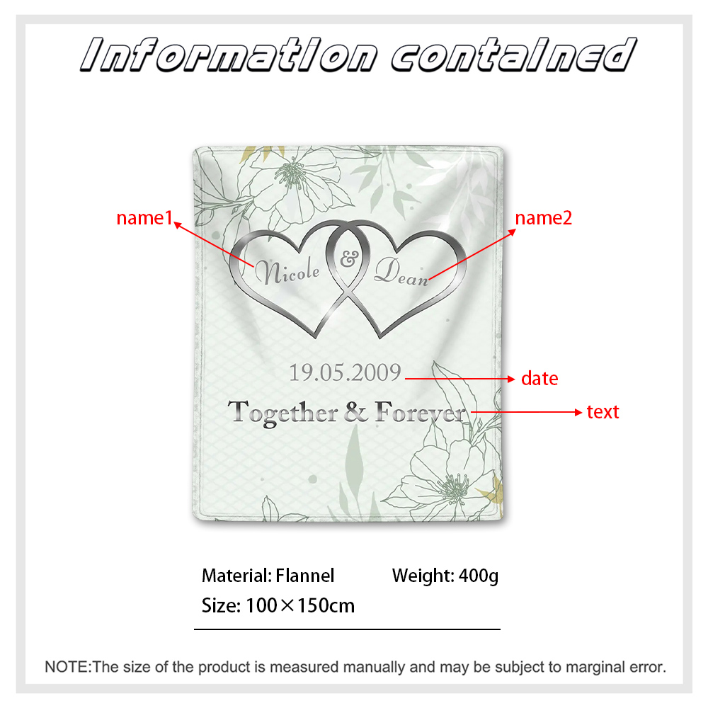 Green Personalised Couple Blanket Customised 2 Names & Date & Text Blanket Heart Valentine's Day Gifts for Him/Her-Jessemade AU