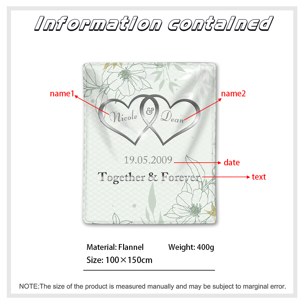Green Personalised Couple Blanket Customised 2 Names & Date & Text Blanket Heart Valentine's Day Gifts for Him/Her-Jessemade AU