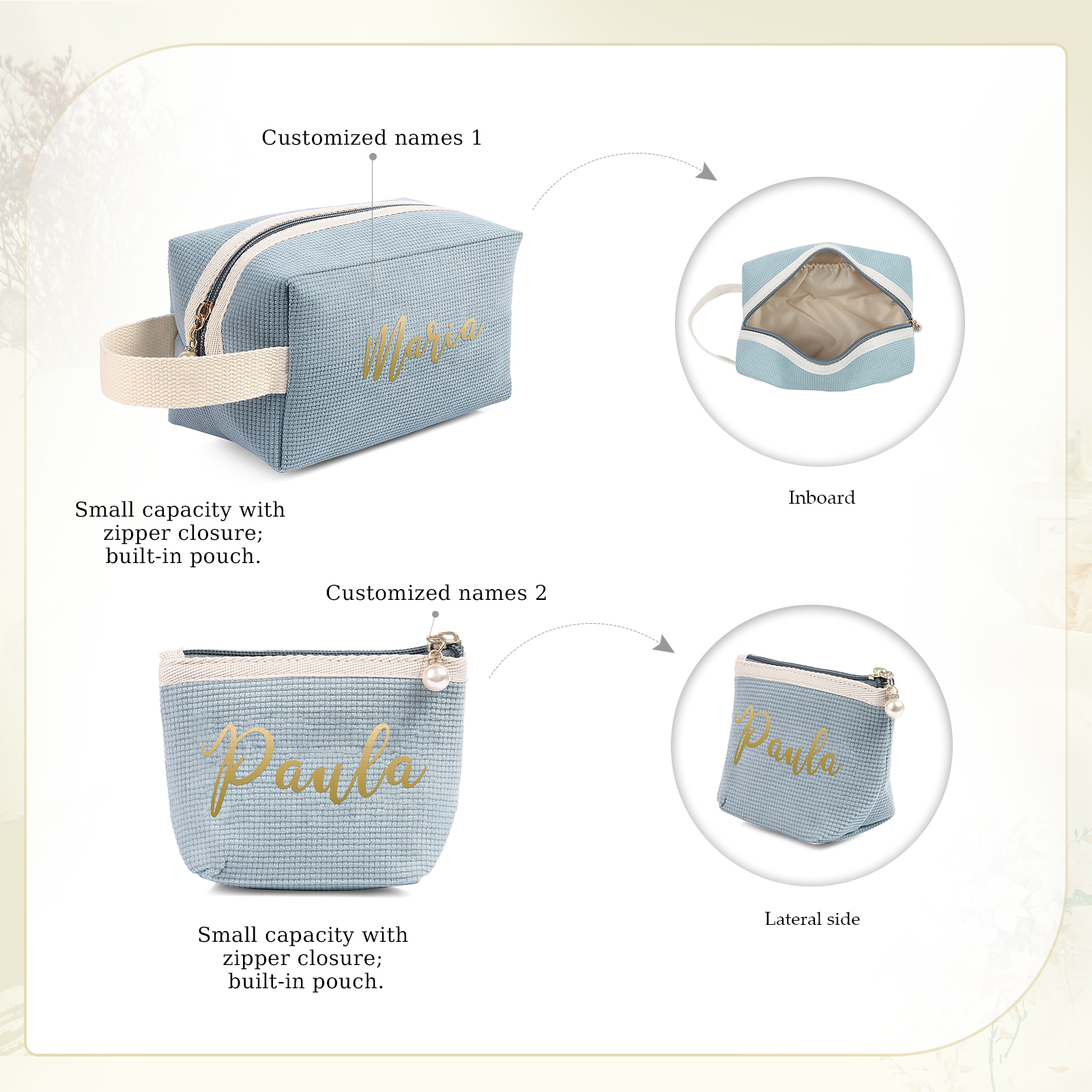 A Set Personalised Name Cosmetic Bag Custom Makeup Bag Zipper Storage Bag Gifts for Ladies Girls-Jessemade AU