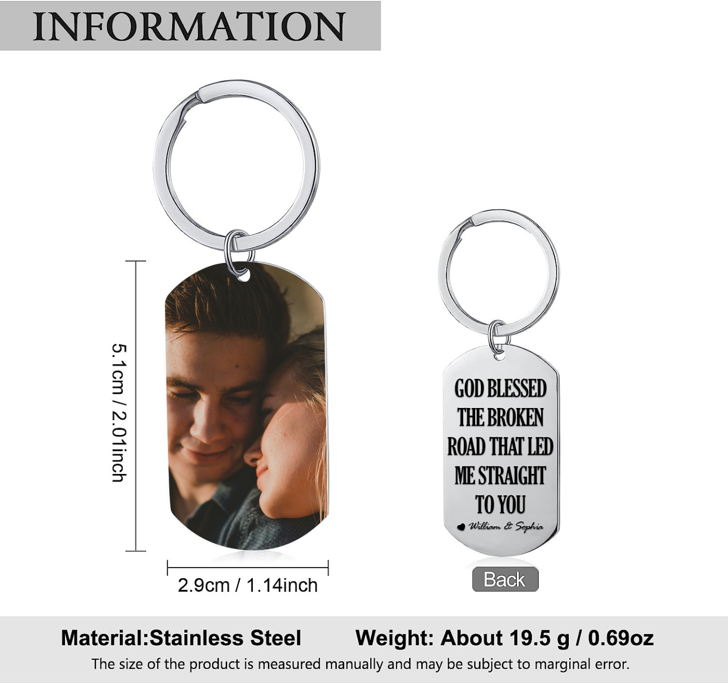 Personalised Couple Photo Keychain Customised 2 Names Keyring Valentine's Day Gifts - GOD BLESSED THE BROKEN ROAD THAT LED ME STRAIGHT TO YOU-Jessemade AU