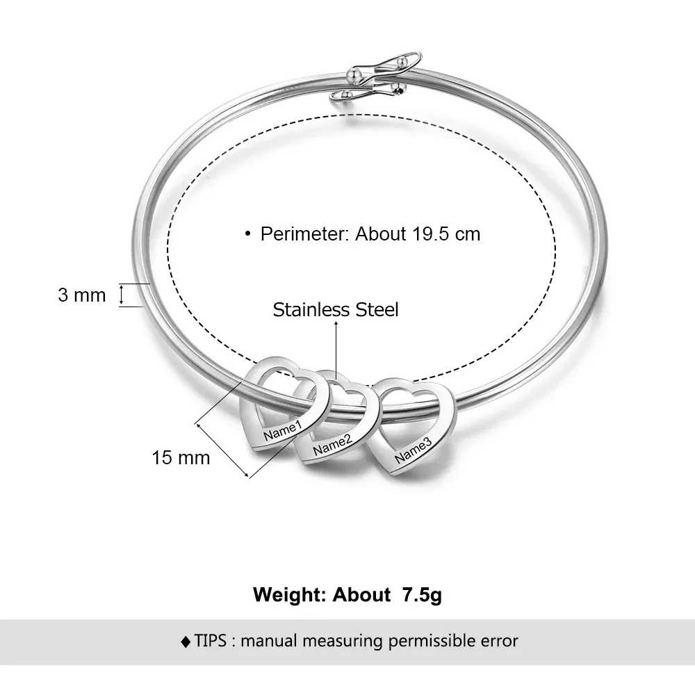 Personalised Love Bracelet with 3 Heart Charms Engraved 3 Names Bangle Bracelet Rose for Her-Jessemade AU