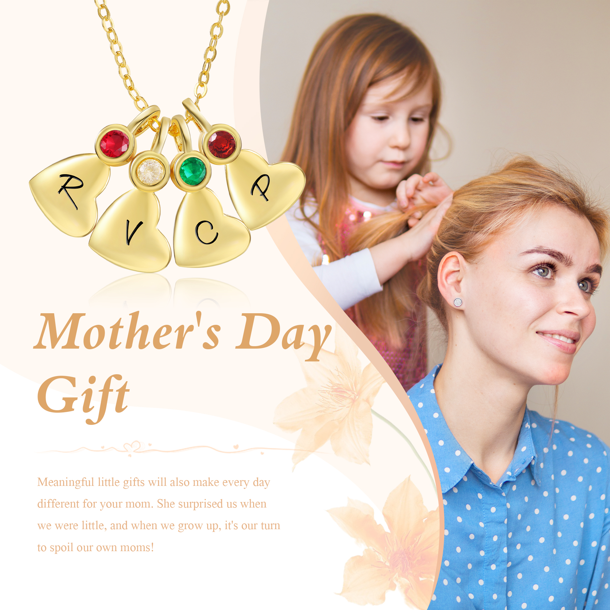 Personalised Heart Pendant Necklace Custom 4 Letters & 4 Birthstones Necklace Gifts for Her-Jessemade AU