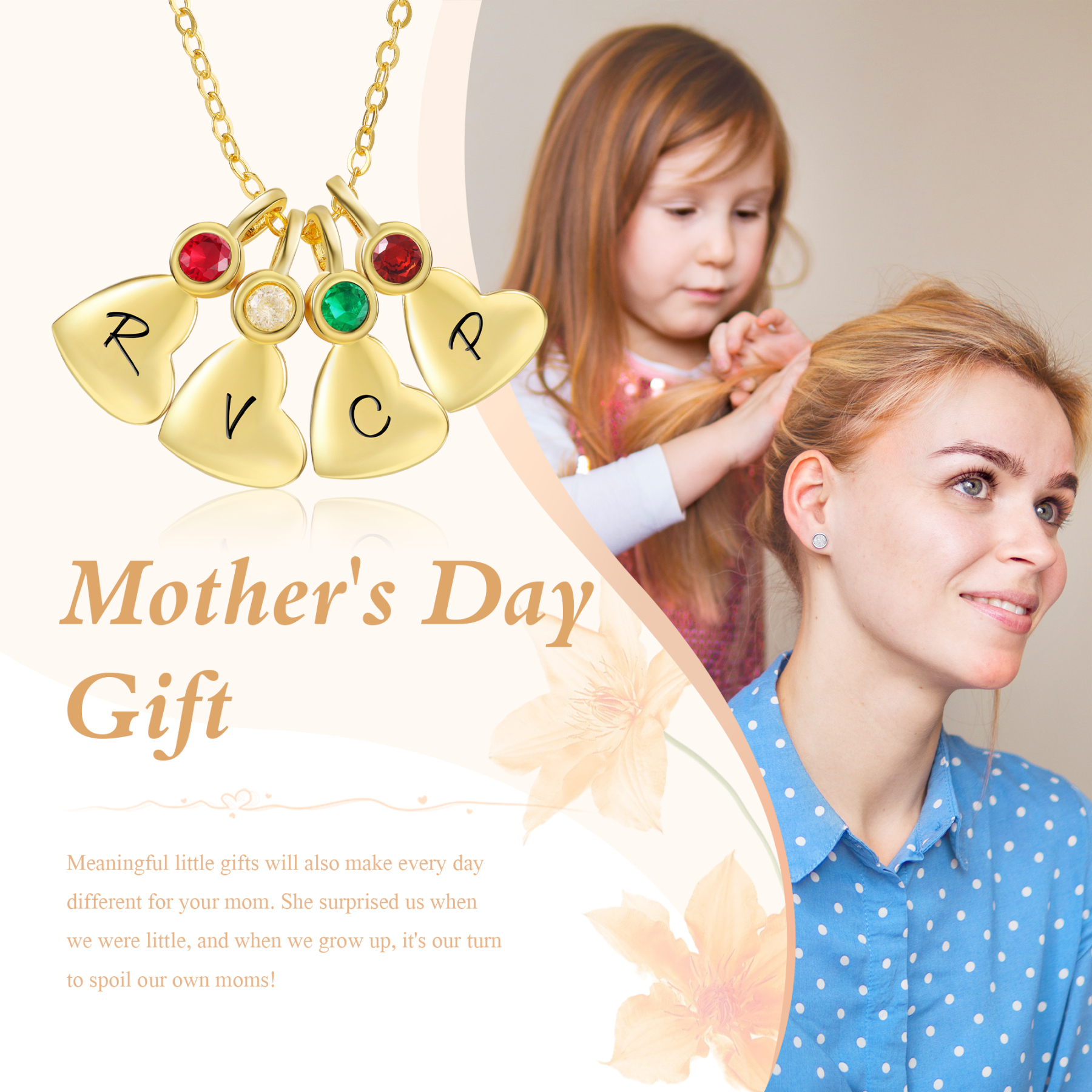 Personalised Heart Pendant Necklace Custom 4 Letters & 4 Birthstones Necklace Gifts for Her-Jessemade AU