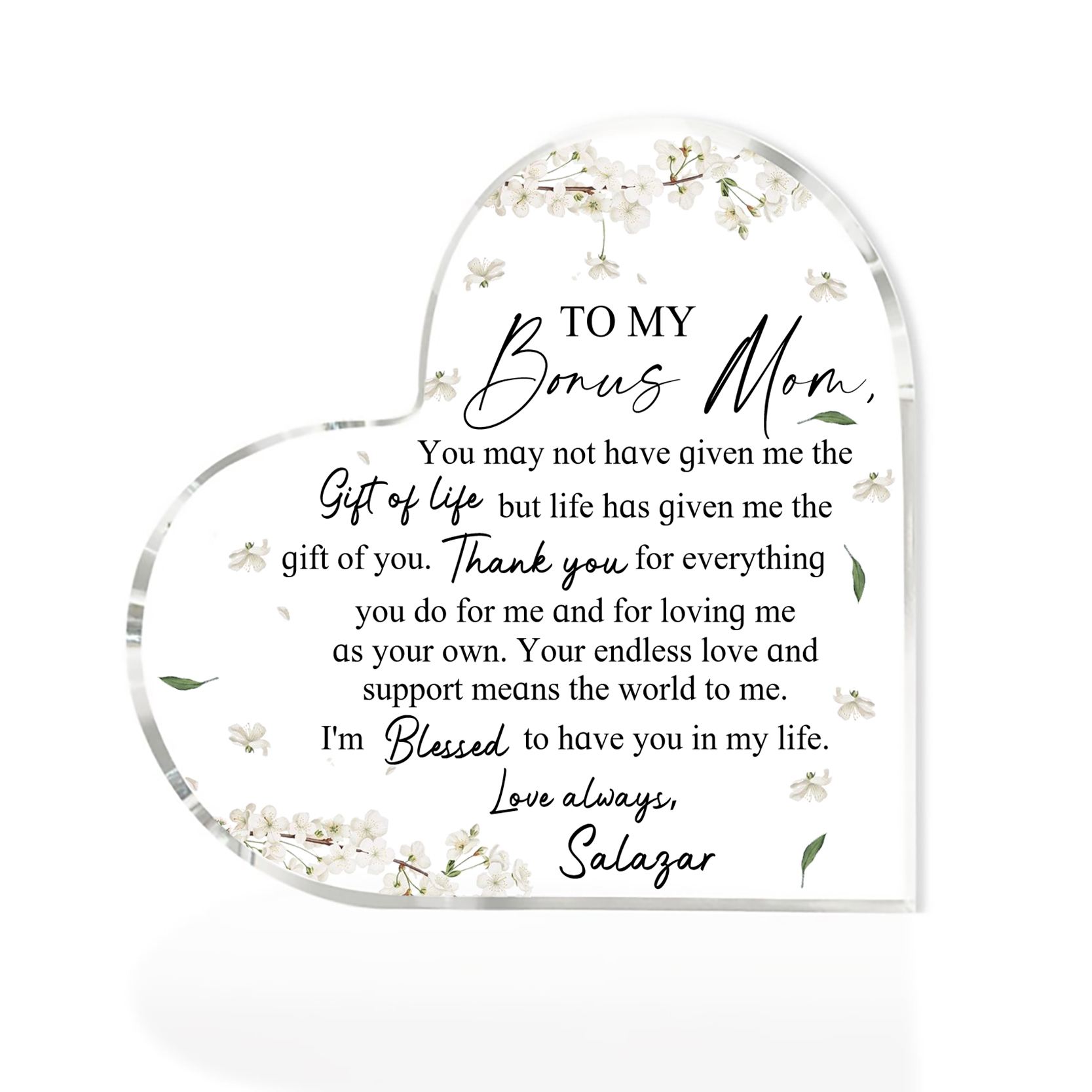 To My Bonus Mum/Mom Acrylic Heart Keepsake Custom Name Ornament - I'm Blessed To Have You In My Life-Jessemade AU