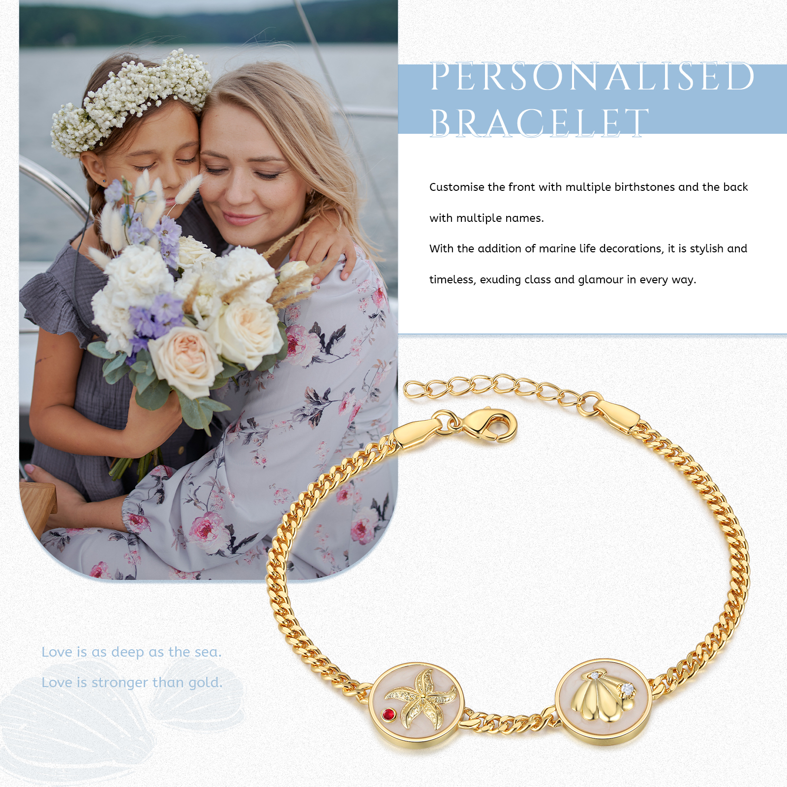 Personalised Women's Bracelet Customised 2-5 Names & Birthstones Bracelet Ocean Element Gift for Her-Jessemade AU