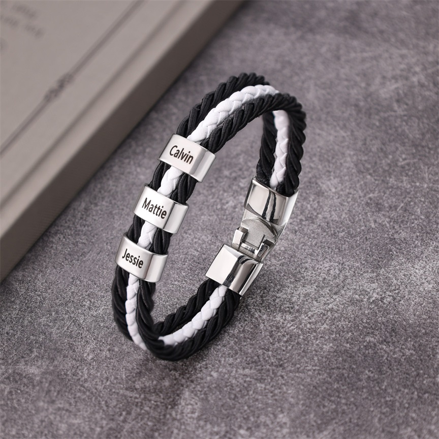Mens Leather Bracelet Braided Layered Leather with 3 Beads Silver and Gold-Jessemade AU