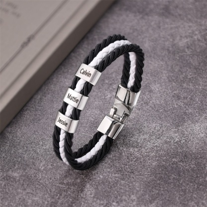 Mens Leather Bracelet Braided Layered Leather with 5 Beads Silver and Gold-Jessemade AU