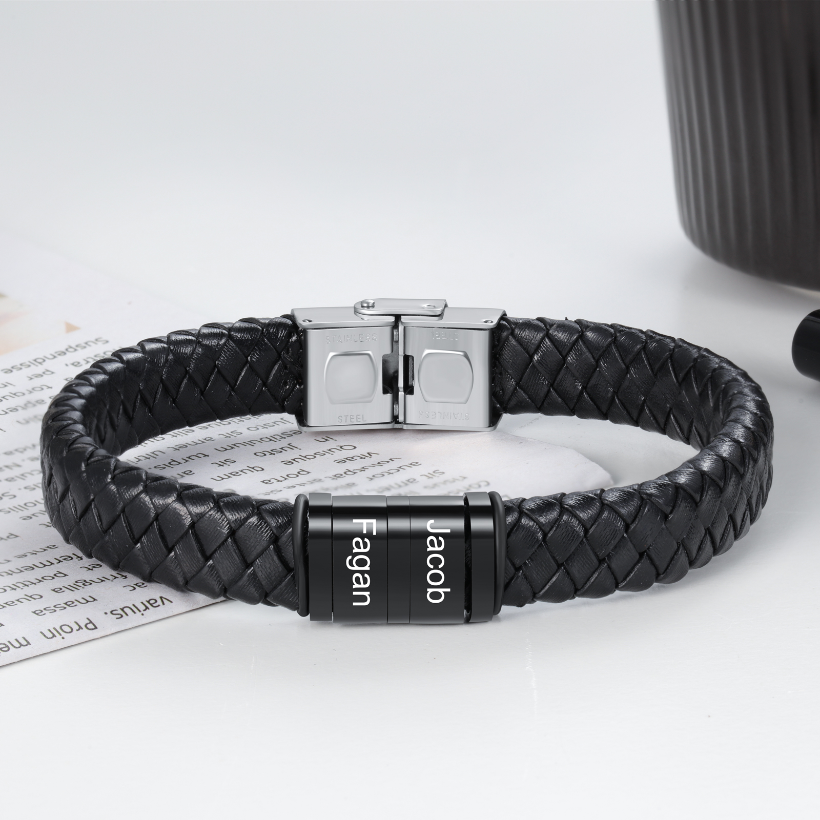 Men Leather Braided Bracelet Personalised with 2 Names Black-Jessemade AU