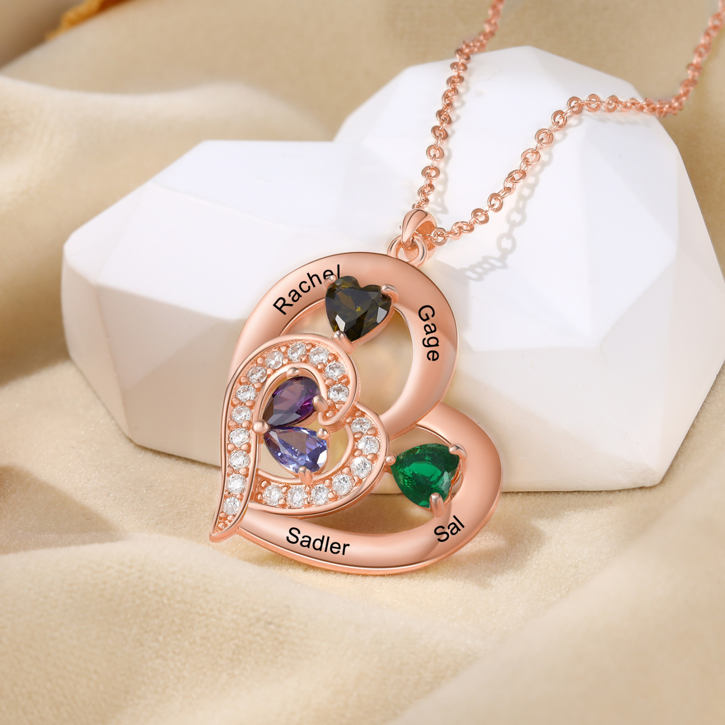 4 Names - Personalised Heart Pendant Necklace Customised Names & Birthstones Necklace Birthday Gift for Her-Jessemade AU
