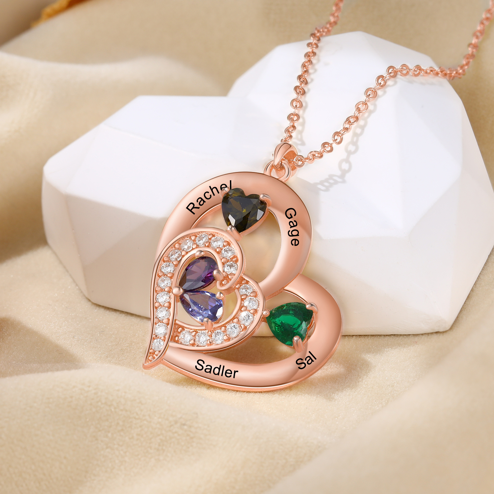 4 Names - Personalised Heart Pendant Necklace Customised Names & Birthstones Necklace Birthday Gift for Her-Jessemade AU