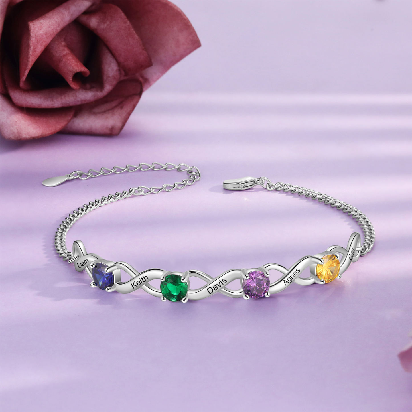 Personalised Infinity Bracelet Custom 4 Birthstones & 5 Names Bracelet Birthday Gift for Her-Jessemade AU