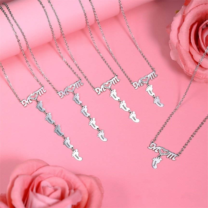 Mother Necklace with 4 Baby Feet Pendants Engraved 4 Names Rose Gift Set