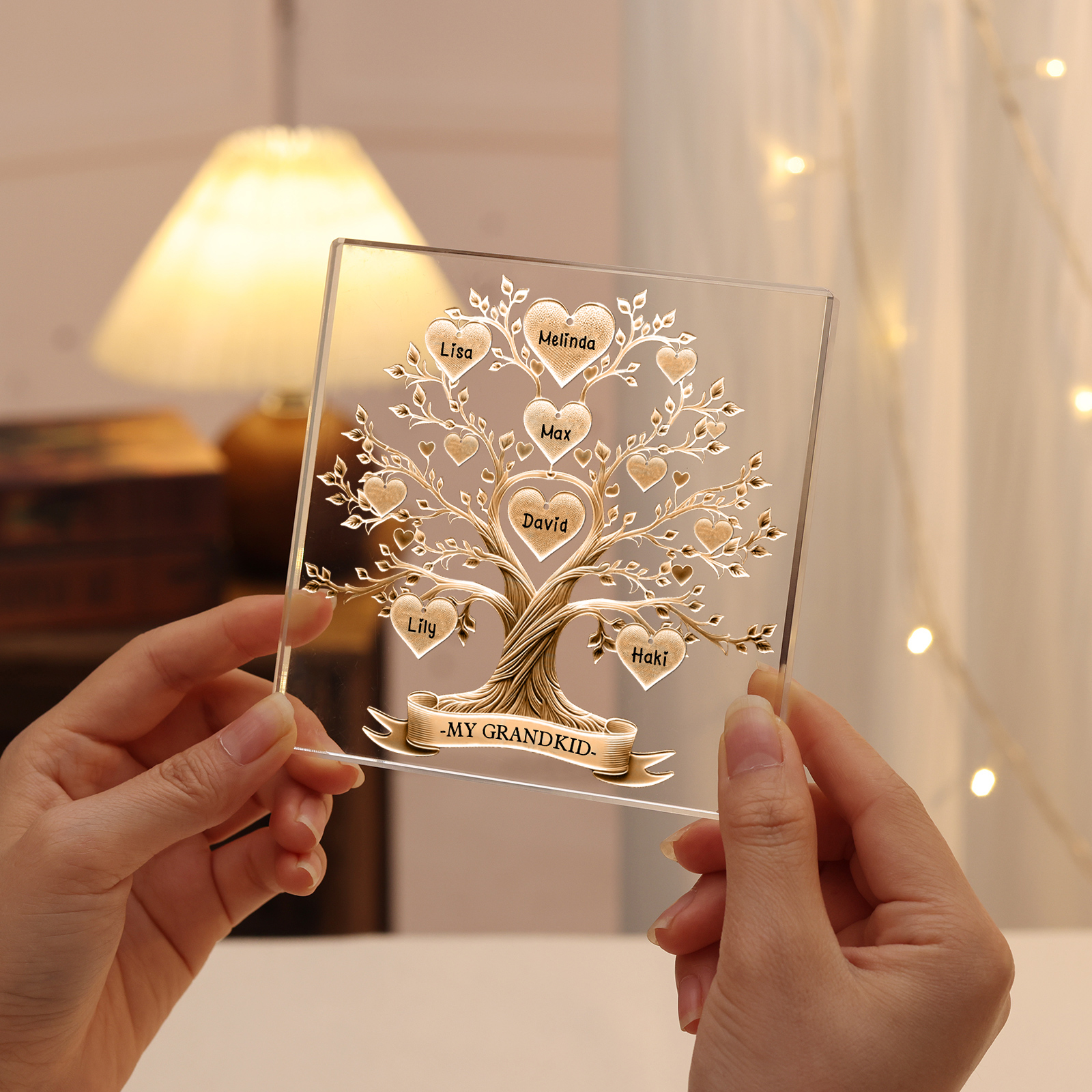 Personalised 6 Names & 1 Text Acrylic Square Keepsake Family Tree Rectangle Plaque Gifts for Father/Grandpa-Jessemade AU