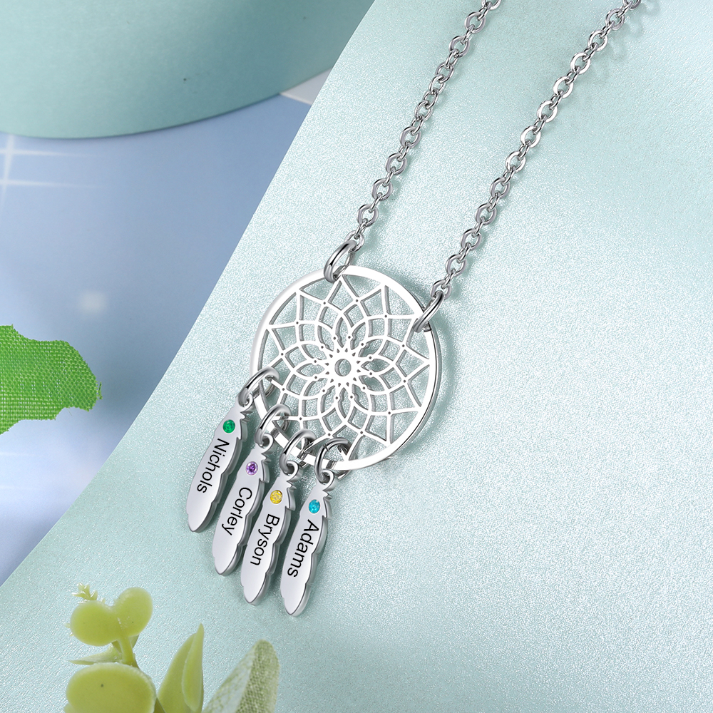 Personalised Dream Catcher Necklace With 4 Birthstones Engraved Names Gift For Women