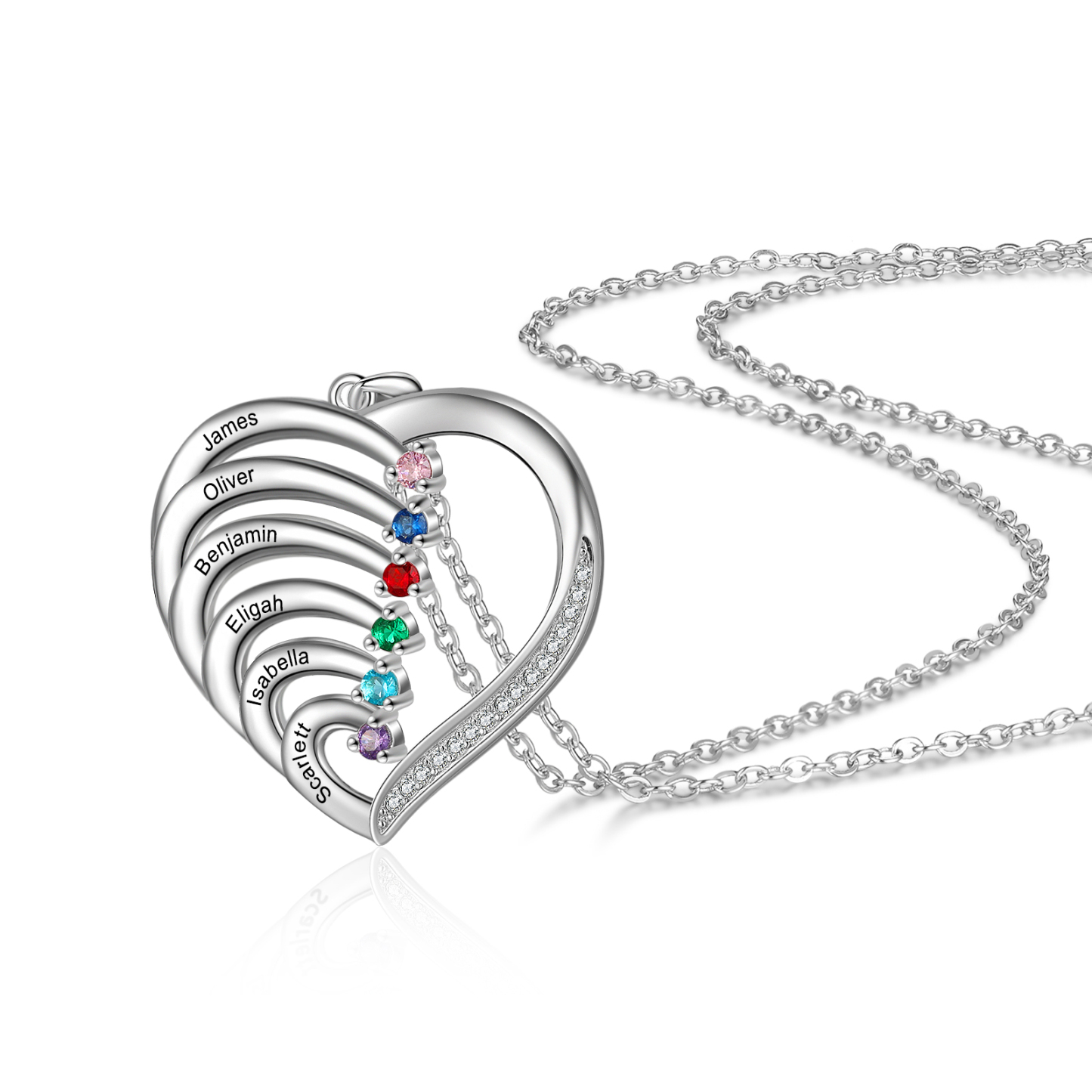 Personalised Mother Necklace 6 Stones Engraved 6 Names Birthstone Intertwined Heart Pendant Gifts for Her-Jessemade AU