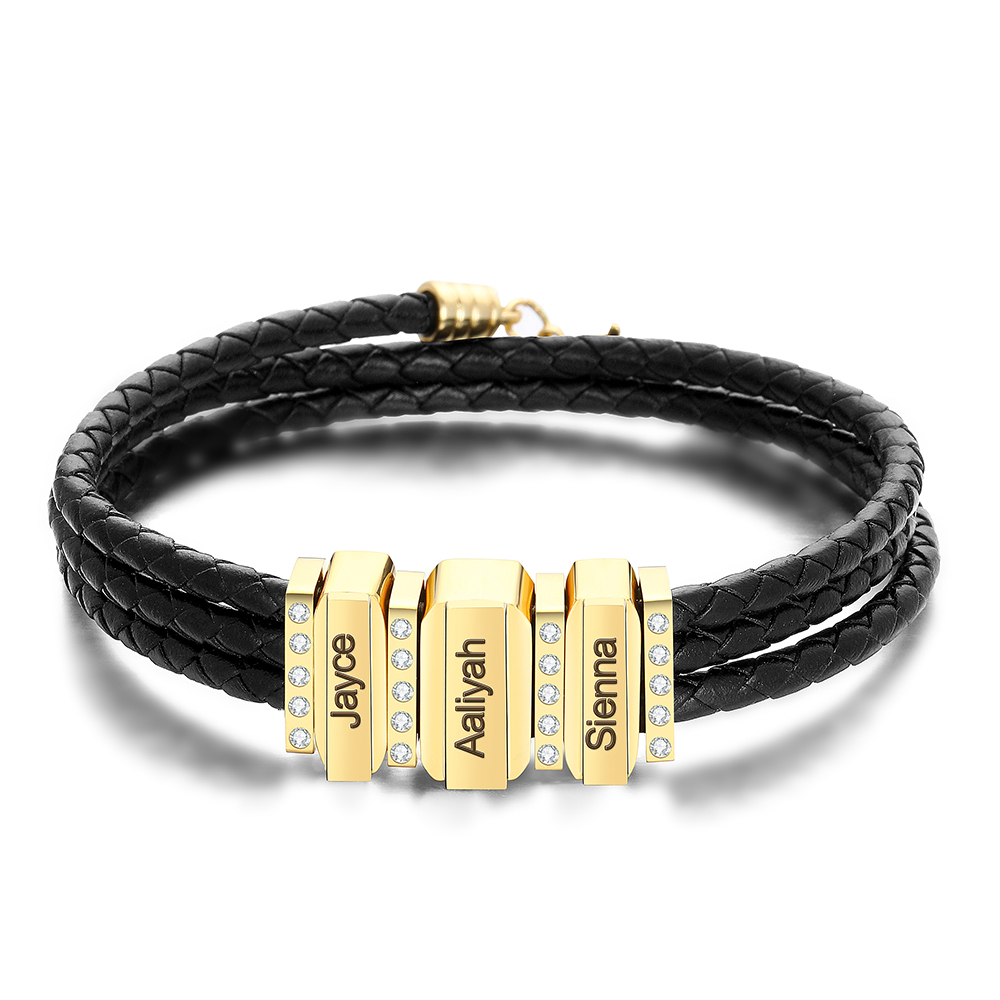 Mens Leather Bracelet with Customised Beads Personalised Three Layer Bracelet Engraved 3 Names-Jessemade AU