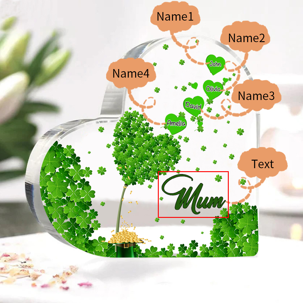 4 Names - Personalised Acrylic Heart Keepsake Custom Text Four-Leaf Clover Ornament Gift for Mother/Grandma-Jessemade AU