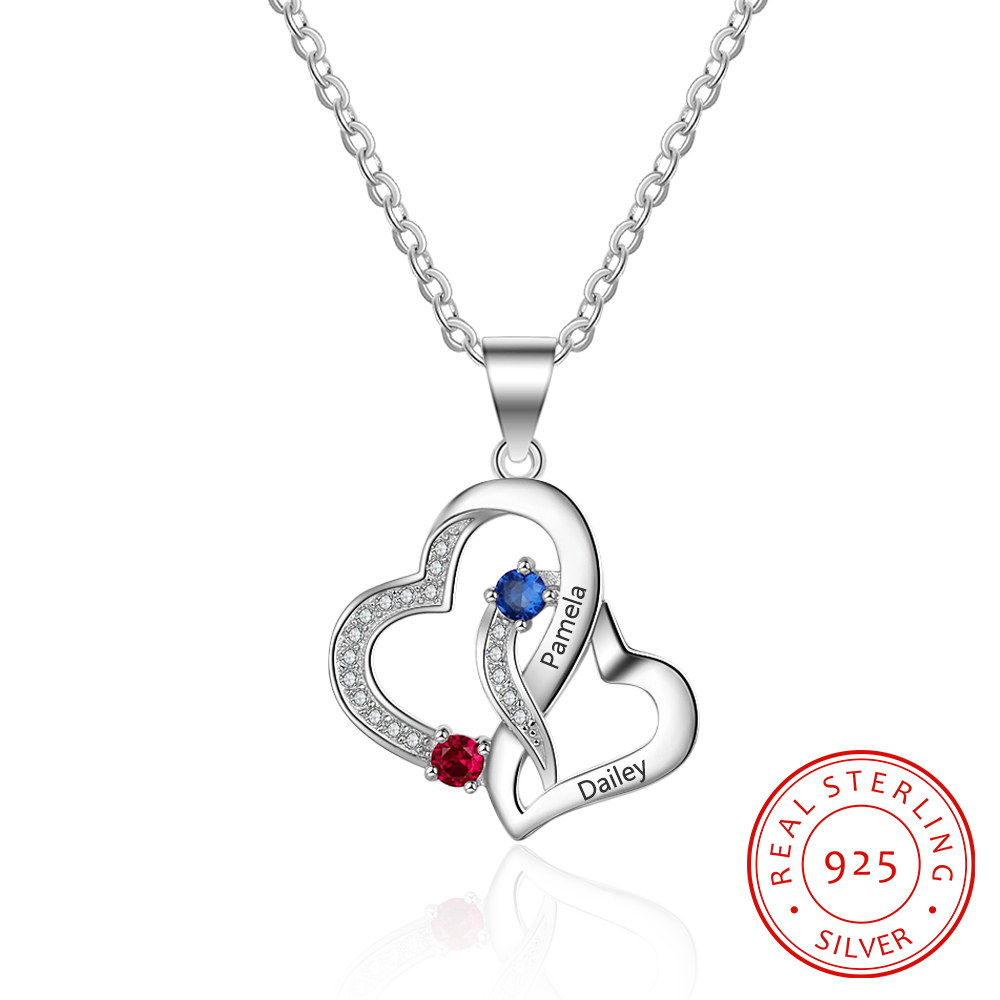 Personalised Heart Necklace With 2 Birthstones Engraved Names Necklace Gift For Women-Jessemade AU