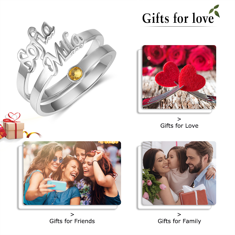 Personalised Birthstone Ring Custom 2 Names Gift For Women-Jessemade AU