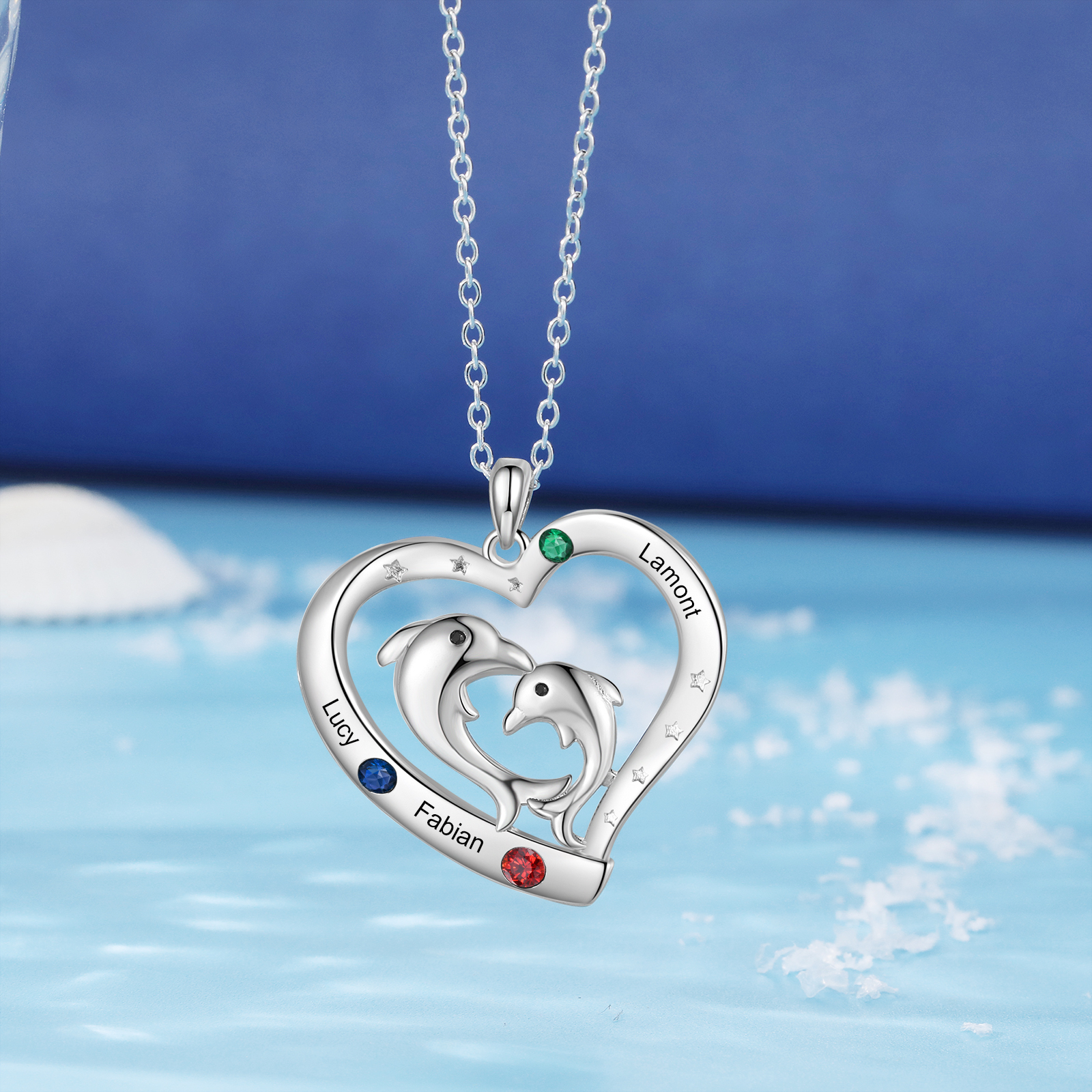 Personalised Heart Dolphin Pendant Necklace Custom 3 Birthstones Engraved 3 Names Necklace Gift for Her-Jessemade AU